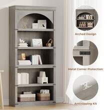 Estantería de Libros Arqueada con 5 Estantes, Estructura Curva de Madera de 68.7 Pulgadas para Oficina en Casa y Salón - gris - Ver 4