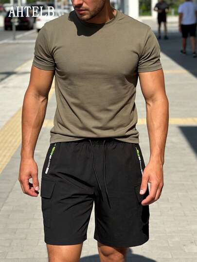 AHTELB 男士休闲运动短裤，透气瑜伽训练跑步健身沙滩短裤