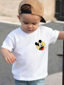 Disney Playful All-Over Print Mickey Mouse Multi-Expression Kids T-Shirt, Front & Back Print Crew Neck Short-Sleeve, Versatile Cotton Summer Top For Boys & Girls - 白色 - 查看 2