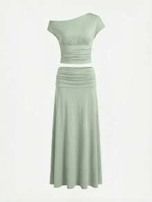 Conjunto de 2 piezas de Primavera/Verano 2026 para mujer, con top corto de un hombro y falda plisada de cintura alta, color verde, adecuado para invitada de boda, fiesta, vacaciones, playa, ocasión formal, cumpleaños - Verde - Ver 6