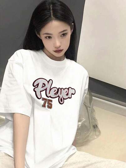 Solid Color Letter Print Round Neck Loose Casual Women Short Sleeve T-Shirt, Spring/Summer