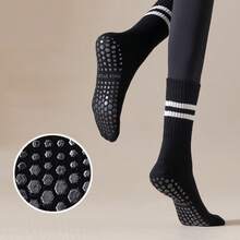Women's Professional Anti-Slip Yoga Socks - Breathable Striped Mid-Calf Design With Double Grip Sole & Arch Support Pilates,, Exercise RLZX - Black - View 7