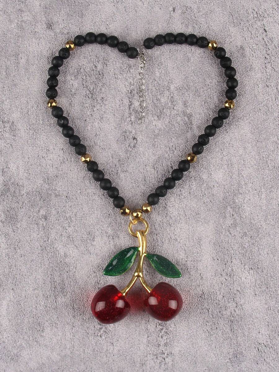 قلادة قصيرة بخرز بطراز بوهيمي للنساء، قلادة قلب كرزي أحمر من الراتنج، طوق عصري للحفلات، هدية للحبيبة والأم والأحباء - خرز أبيض - مشاهدة 1