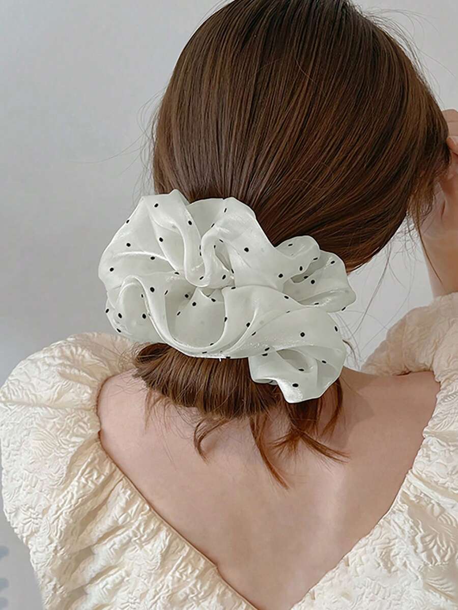 1 pieza Pendientes de aro de gasa con lunares extra grandes, adecuados para uso casual y al aire libre - Blanco - Ver 1