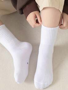 5双装纯棉儿童/青少年学生袜，日常休闲袜，足球运动中筒袜 - 白色 - 查看 3