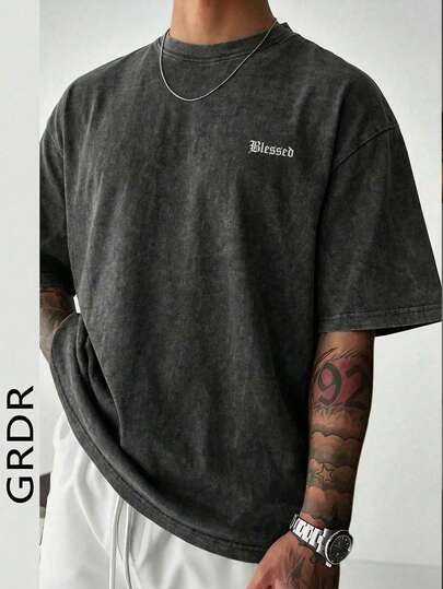 GRDR 男士复古美式简约字母水洗圆领短袖T恤，舒适透气，适合夏季穿着