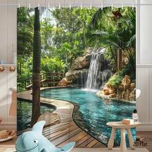 1 Piece Large Tropical Waterfall Shower Curtain (Including Hooks) -  Jungle Greenery And Waterfall Pattern, 71x 71inch (180x 180cm ) Bathroom Decorative Curtain, Suitable For Spa Centers And Bathrooms, Machine Washable, Scenic Shower Curtain, 2D Flat Design - 多色 - 查看 4
