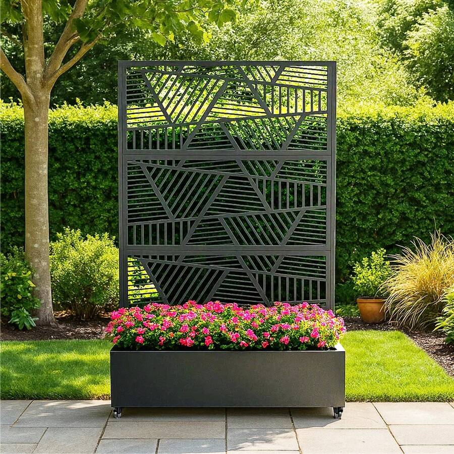 Jardinera con mampara de privacidad, 183 cm de alto x 119 cm de ancho. Mamparas de privacidad para exteriores con 3 paneles y bancal elevado para plantas trepadoras y hortalizas. - Negro - Ver 1