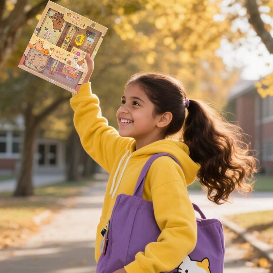 Juego de papelería infantil (incluye estuche): 5 piezas de papelería con dibujos animados (lápiz, borrador, sacapuntas, regla y cuaderno) | Ideal para la vuelta al cole, regalos y tareas escolares. - Caqui - Ver 1