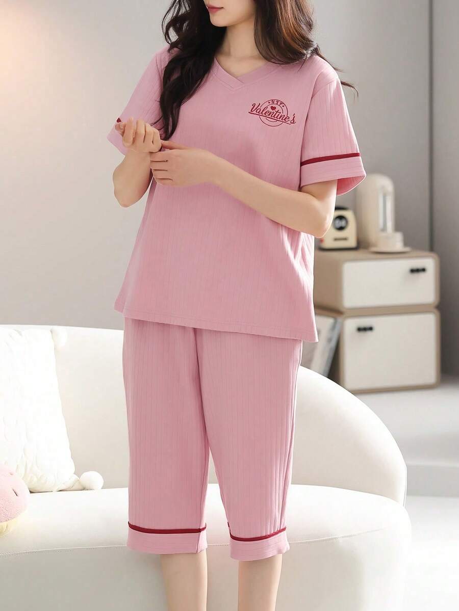 1 Set Damen Soft & Bequeme Kurzarm Pyjama Set, Nachtwäsche - Pink - Übersicht 1