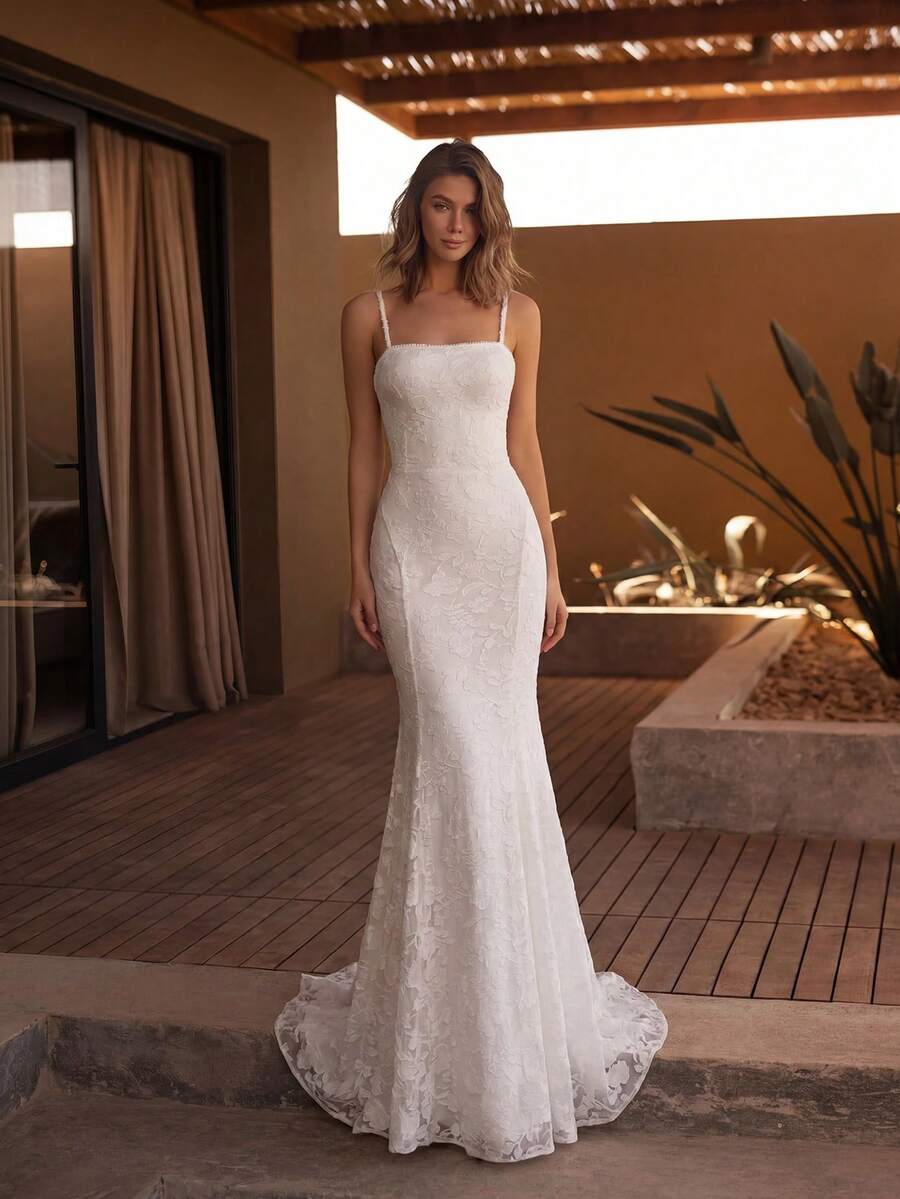 优雅长款露背针织伴娘礼服，吊带无袖设计，略带弹性，适合派对和度假穿着。 - 白色 - 查看 1