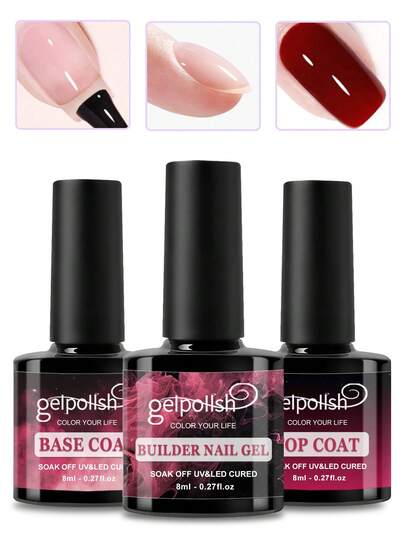 3PCS No Wipe Base Coat Top Coat And Builder Nail Gel - Clear Gel Shine Finish And Long Lasting, Soak Off Nail Lamp Gel For Home DIY And Nail Salon