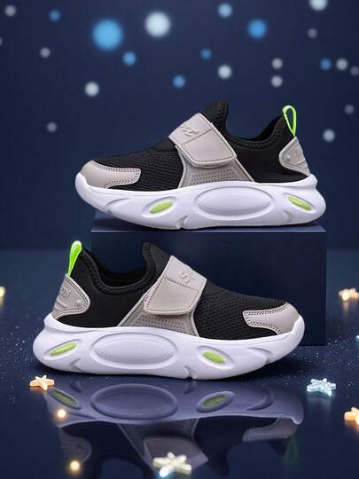 Children's Lightweight Breathable Slip-On Shoes, Colorblock Upper, Non-Slip Sole, Adjustable Wide Strap, Hook And Loop Easy On/Off, Suitable For Daily Wear, Sports, Running, School, Student