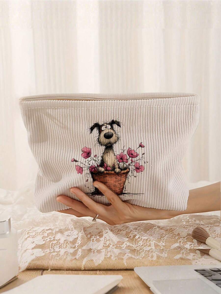 可爱腊肠犬花盆造型大容量拉链旅行化妆包，布艺便携化妆包，适合日常使用和旅行，男女皆宜，可作化妆品收纳包、洗漱包、化妆袋、旅行化妆包、度假必备品，也是送给女性的旅行礼物。 - 彩色 - 查看 1