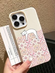 Patterned Cat Illustration Art Phone Case, Cream White Faux Leather Texture Hard Shell Material, High-Precision Hand-Drawn Style Printing Process, Delicate Leather Embossed Texture, Warm And Skin-Friendly Touch, Full Of Life And Healing Feeling; Lens Module Area Equipped With Thickened Silicone Protection Ring, Precisely Fitting Camera Protrusion, Providing Full Lens Protection; Outer Shell Edge With Soft Cushioning Wrap, Combining Anti-Drop Performance And Comfortable Grip; - Multicolor - View 2