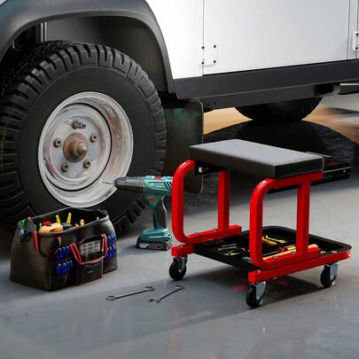  COSTWAY Rolling Creeper Seat With 185 Kg Capacity, Padded Mechanic Stool With Drawer, Tool Tray And Universal Casters, Garage Chair For Workshop, Auto Repair, Black