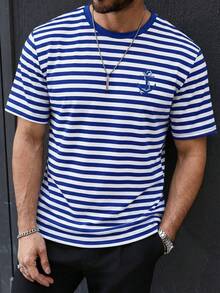 男士海军风印花条纹圆领休闲夏季百搭短袖T恤 - 彩色 - 查看 1