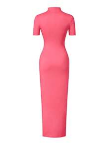 Gaun Maxi Bodycon Wanita EARO Warna Polos Musim Semi/Panas, Kerah Tegak, Lengan Pendek, Detail Kerut, dan Belahan Tinggi, Gaun Pesta Pink Elegan - Berwarna merah muda - View 3