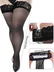 Plus Size Thigh High Stockings (XXL) - Black Lace Thigh High Stockings Sheer Thigh High Lingerie Stockings Pantyhose - 彩色 - 查看 4