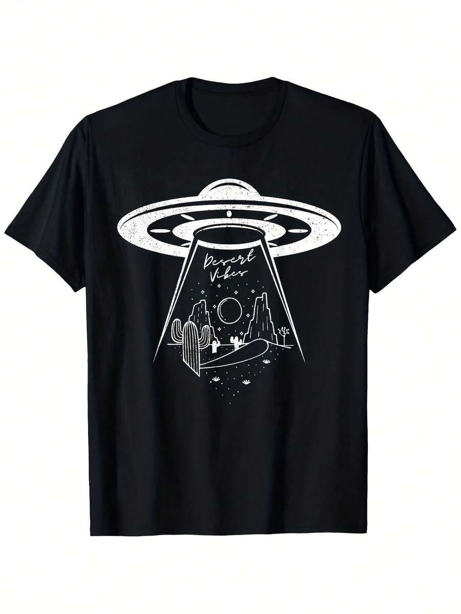 Camiseta de algodón de 180 g de peso pesado para hombre - Camiseta gráfica negra de ciencia ficción del desierto con ovnis, cactus y estrellas - Camiseta transpirable de cuello redondo para uso diario y eventos temáticos - Ajuste regular lavable a máquina - Negro 13 - Ver 1
