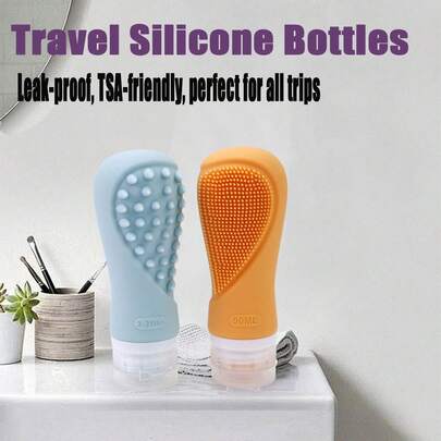 Botellas de viaje de silicona con cepillo de lavado facial de 3.2 onzas, recipientes rellenables a prueba de fugas para champú, acondicionador y artículos de tocador, accesorios de viaje portátiles