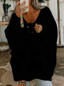 大码女士优雅V领毛衣，纯黑色，柔软宽松套头衫，休闲半正式场合皆宜，中等厚度，舒适百搭。纯色针织罗纹大码长袖V领毛衣，居家、秋冬季、新年必备单品。 - 黑色 - 查看 6
