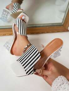 女士时尚斑马纹超高跟鞋，适合户外、海滩、派对等场合穿着 - 黑與白 - 查看 4