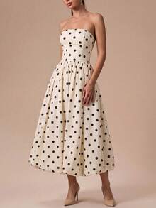优雅复古波点无肩带泡泡裙摆中长连衣裙 - 适合婚礼宾客、派对、海滩、夏季度假、郊游和毕业典礼等场合 - 白色 - 查看 4