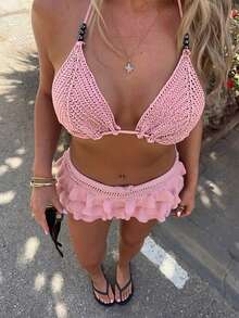 2026 Spring/Summer New Women's Casual Fashion Set, Hollow Deep V-Neck Halter Knit Top And Waist Tie Multi-Layer Ruffle Knit Skirt, Y2K Cute Pink Beach Holiday 2-Piece Outfit, Suitable For Beach Dates, Beach Parties, Music Festivals, Casual Travel - Pink - View 5