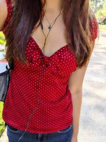 Women Polka Dot Babydoll Shirt Top Bowknot Front Short Sleeve Square Neck Fairy Grunge T Shirts Teen Girl Slim Fit Cute Tee Peplum Tops Summer 2000s Vinatge Aesthetic Clothes Streetwear - 紅色 - 查看 1