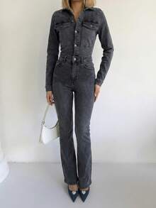 Women's Fashionable Gray-Black Long Sleeve Regular Shoulder Bodysuit - Grey - View 1