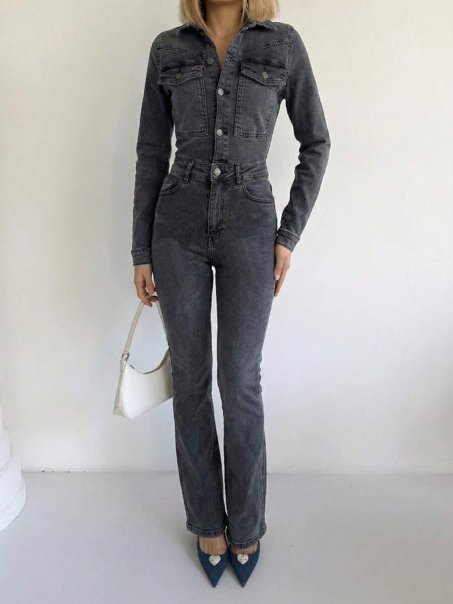 Women's Fashionable Gray-Black Long Sleeve Regular Shoulder Bodysuit - Grey - View 1