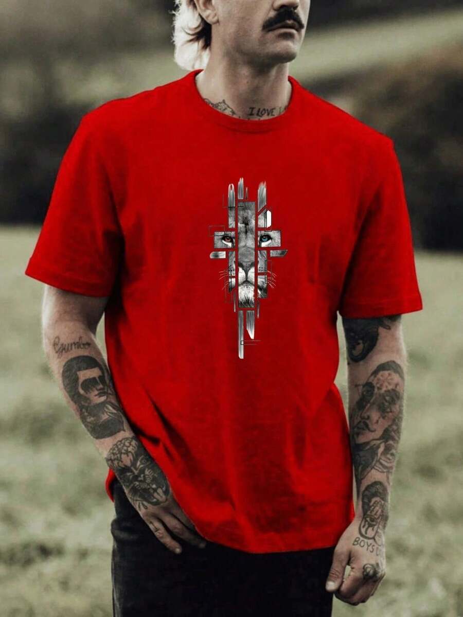 Men's T-Shirt Lion Yeshua Cross And Sword 100% Cotton - 紅色 - 查看 1