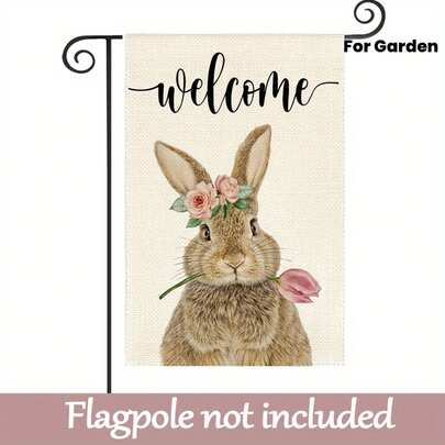 Cartoon Easter Bunny Welcome Garden Flag - Bunny Holding Flowers Durable, Washable Polyester Yard Flag - Versatile Outdoor Decor, No Pole - 30x45 Cm