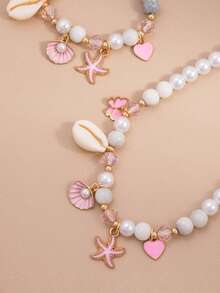 一套夏季时尚沙滩仿珍珠串珠海星贝壳蝴蝶结项链手链，沙滩/休闲约会首饰礼品 - 彩色 - 查看 2