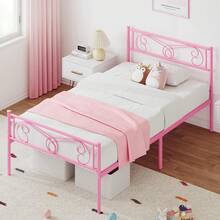 Cama Individual de Metal con Cabecero y Piecero - Base de Plataforma con Listones de Acero, Sin Necesidad de Box Spring | Fácil Armado, Color Rosa, Ideal para Niñas y Adolescentes - Rosa - Ver 5
