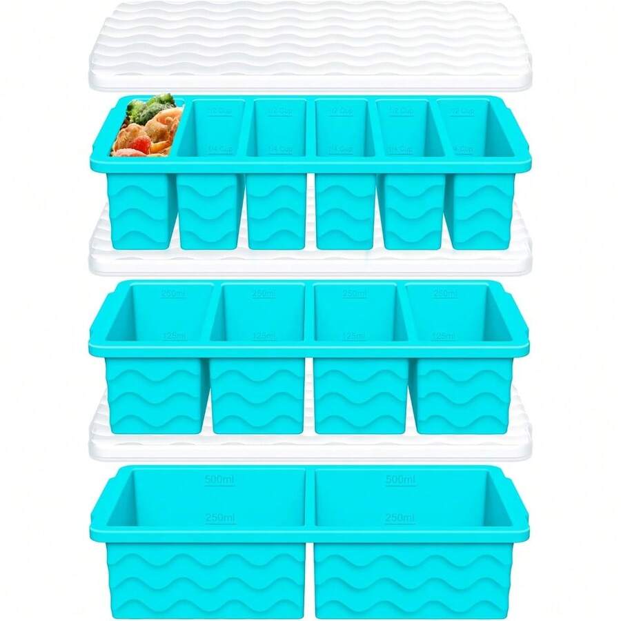 3-Pack Silicone Freezer Trays With Lids 2 Large 4 Medium 6 Small Containers For Soup Stew Sauce Meal Prep Ice Cube Trays Flexible Easy Pop Durable Kitchen Storage Molds Set - màu xanh hồ - Xem 1
