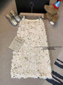 Korean Style Casual Sequin Knit A-Line Skirt With Elastic Waist, Versatile For Early Autumn - Apricot - View 8