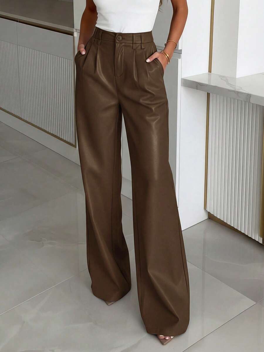 ANCHOSE Women's High Waist Wide Leg Pants With Pleats And Pockets, Coffee Brown Faux Leather, Casual Commuter Street Style, Suitable For All Seasons - Dark Brown - View 1