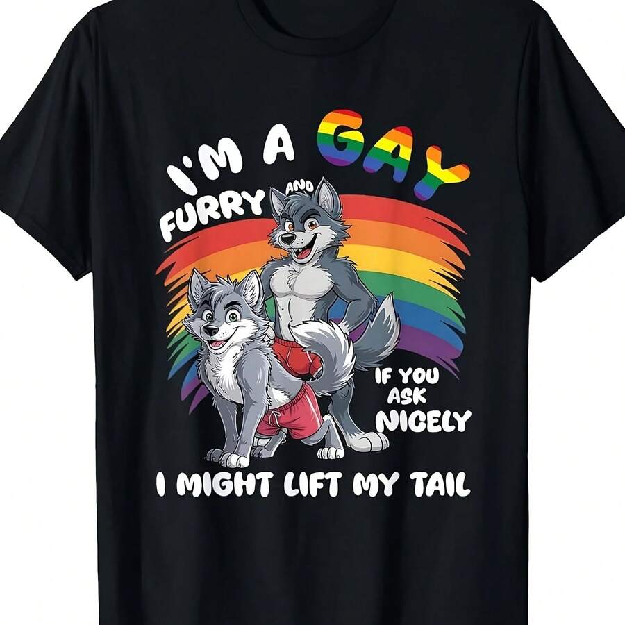 S Fun Gay Furry Pride Month T-Shirt Rainbow Fox And Dog Pattern I Am Gay Furry Slogan Comfortable Crew Neck Short Sve - Phong cách 4 - Xem 1