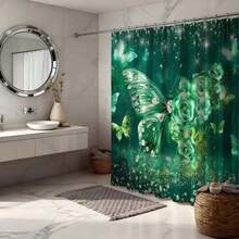 翡翠蝴蝶玫瑰闪亮钻石印花浴帘 180x180cm 涤纶防水防霉加厚可水洗梦幻浪漫风格浴室隔断帘奢华闪光花卉浴帘家居酒店公寓浴室装饰必备少女心浴室配件 - 寶石綠 - 查看 7