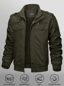 KEFITEVD Men's Military Lightweight Jacket Cargo Windbreaker Zip Front Stand Collar Cotton Jackets With Multi Pockets - xanh quân đội - Xem 1
