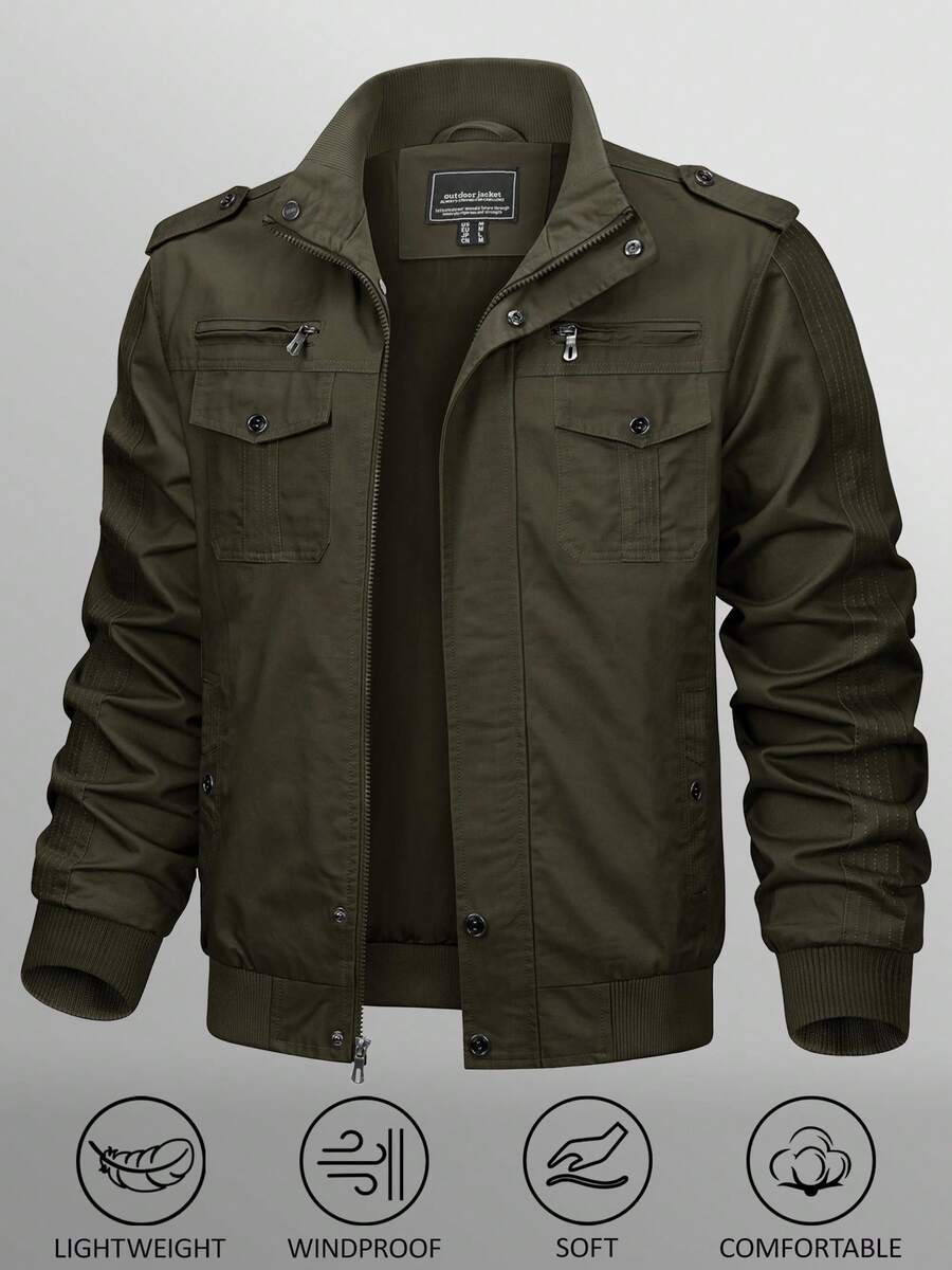 KEFITEVD Men's Military Lightweight Jacket Cargo Windbreaker Zip Front Stand Collar Cotton Jackets With Multi Pockets - xanh quân đội - Xem 1