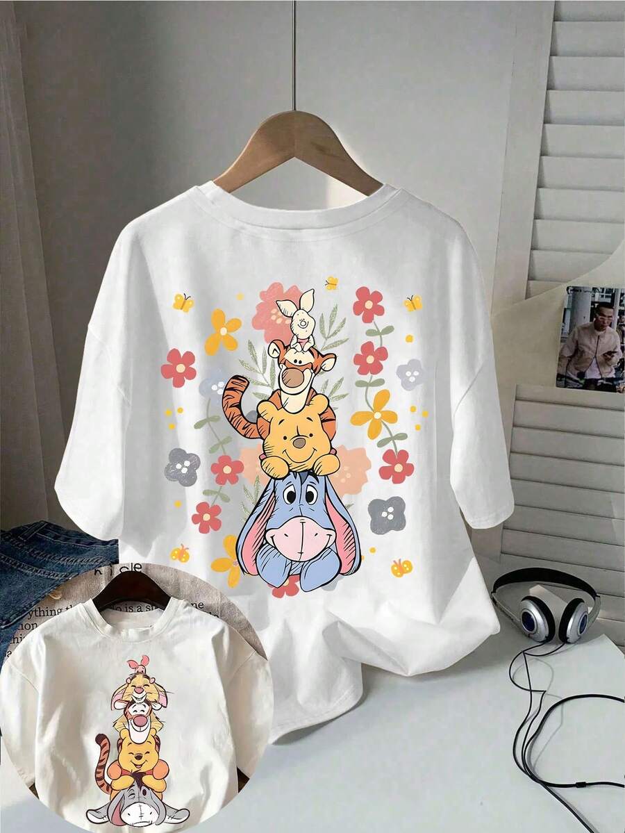 Disney Authorized-Men's Cotton Short-Sleeved T-Shirt, Classic Cartoon Disney Authorized Winnie The Pooh Partners Double-Sided Printed T-Shirt, Short-Sleeved Round Neck Casual Shirt, Suitable For Summer And Spring, Short-Sleeved Shirt, Men's Clothing. - 白色 - 查看 1