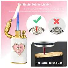 Cute Lighter, Dual Flame Windproof Lighter, Heart/Snake Design Lighter, Metal Embossed Rhinestone Butane Torch Lighter, Refillable Adjustable Flame - 心臟(不含氣體) - 查看 8