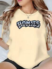 1pcs Women's Homies Letter Print T Shirt Casual 100% Cotton Round Neck Tee Streetwear Graphic Top, Gift Tee - Apricot - View 1