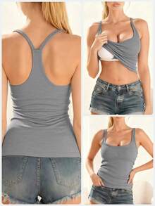 女士无袖灰色露背背心，带衬垫胸罩，轻薄弹力针织吊带衫，夏季穿着，简约休闲运动装 - 灰色 - 查看 6