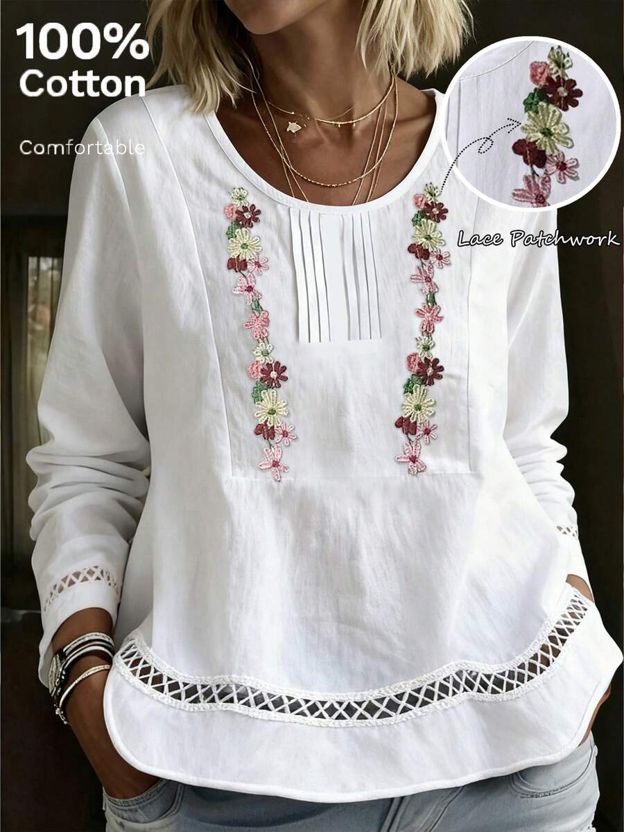 Áo sơ mi dài tay màu trắng phối ren, kiểu dáng rộng rãi, thanh lịch, thích hợp cho mùa xuân/hè, phù hợp cho công sở. - trắng - Xem 1