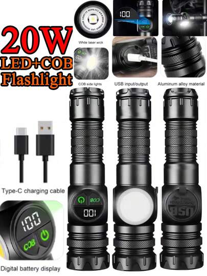 2pcs/1pc Super Durable High Brightness Flashlight, Long Battery Life. Suitable For Vehicle Emergency, Outdoor Search, Street Stall Lighting, Home Blackout, Walking Pets, Etc. Side COB Light Can Be Used As Work Light. Digital Battery Level Display, Prevents Sudden Power Outage. Stable Illumination Even In Harsh Environments.