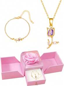 Pink Fresh Jewelry Gift Box, Fashionable And Sweet Tulip Flower Shaped Necklace And Bracelet Set, Sparkling Necklace And Bracelet, Suitable For Giving To Your Girlfriend, Friends, And Yourself On Valentine's Day And Christmas As Holiday Gifts - Multicolor - View 14